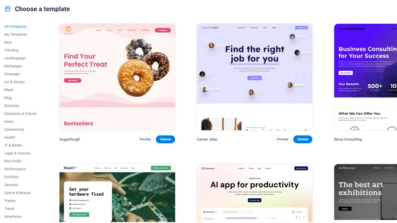 미국 한인 AI 웹사이트 제작 템플릿 선택 화면