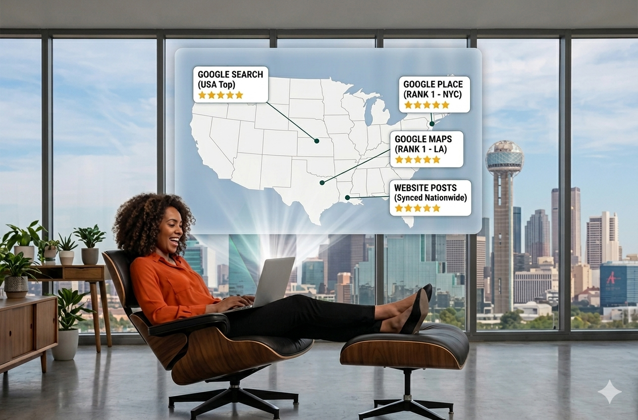 미국 전역 구글 검색 및 지도 상위 노출을 관리하는 SEO 전문가와 미국 지도 대시보드